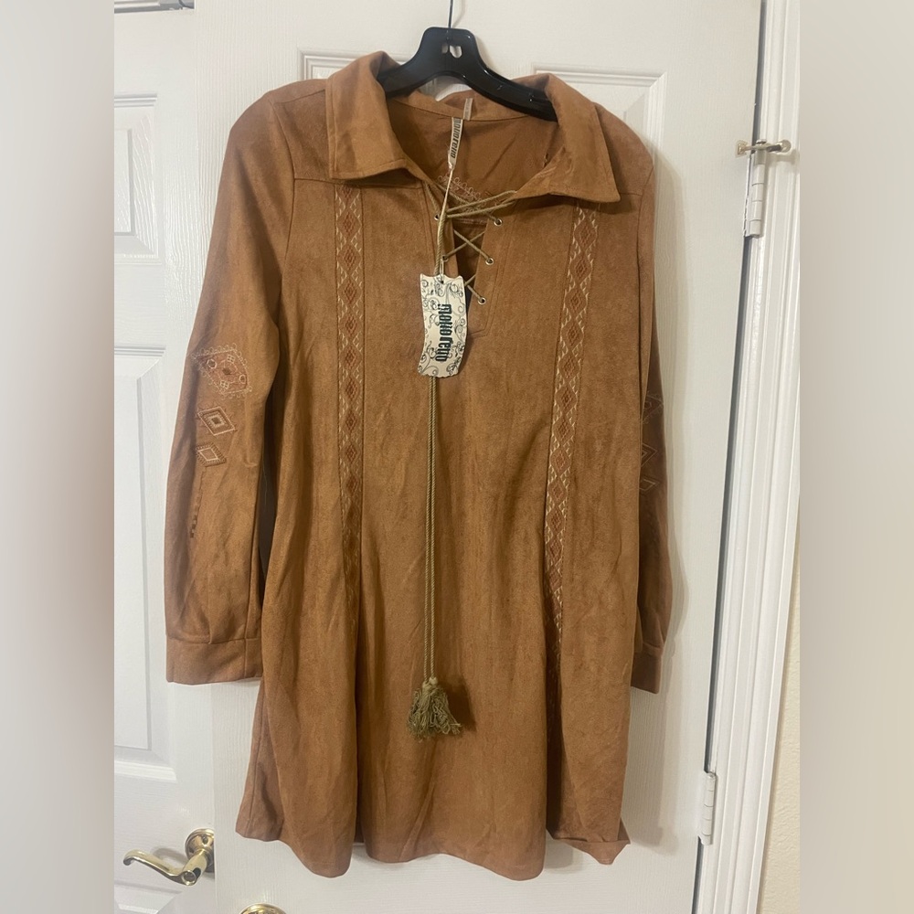 Boho Lace-Up Suede-Look Tunic style Brown - Picture 2 of 6